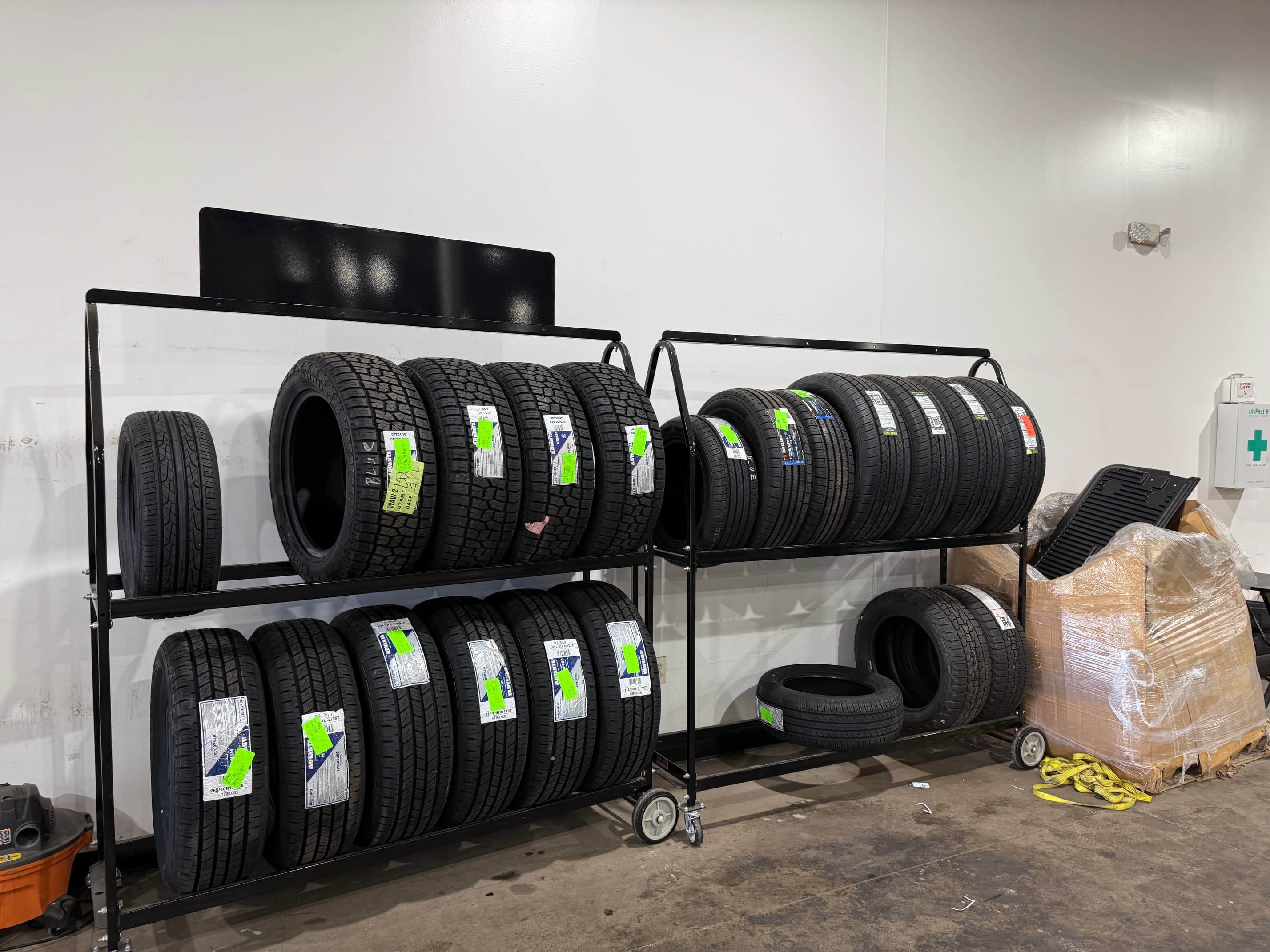 Rows of new tires in stock at Odessa Auto & Truck Repair